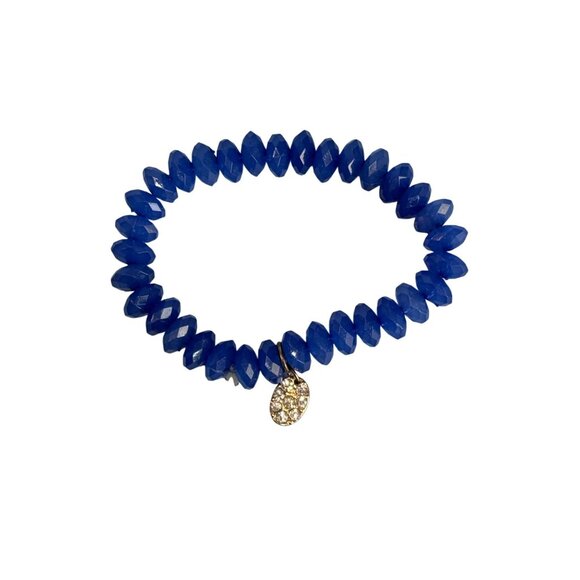 Cobalt Blue Glass Beaded Stretch Bracelets With Rhinestone Charm Accents - Picture 7 of 9